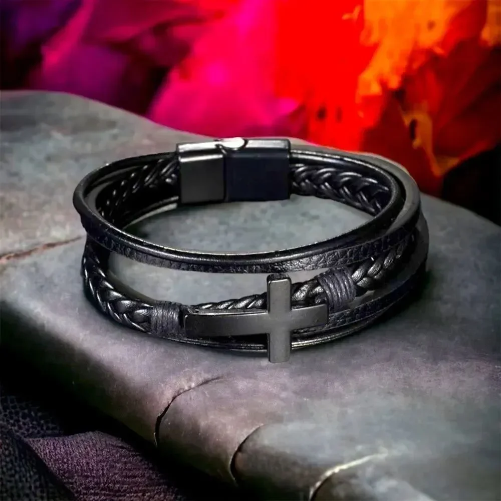 Men’s 5-strand l Leather Cross l Bracelet l Magnetic Closure l Brown/Black l New